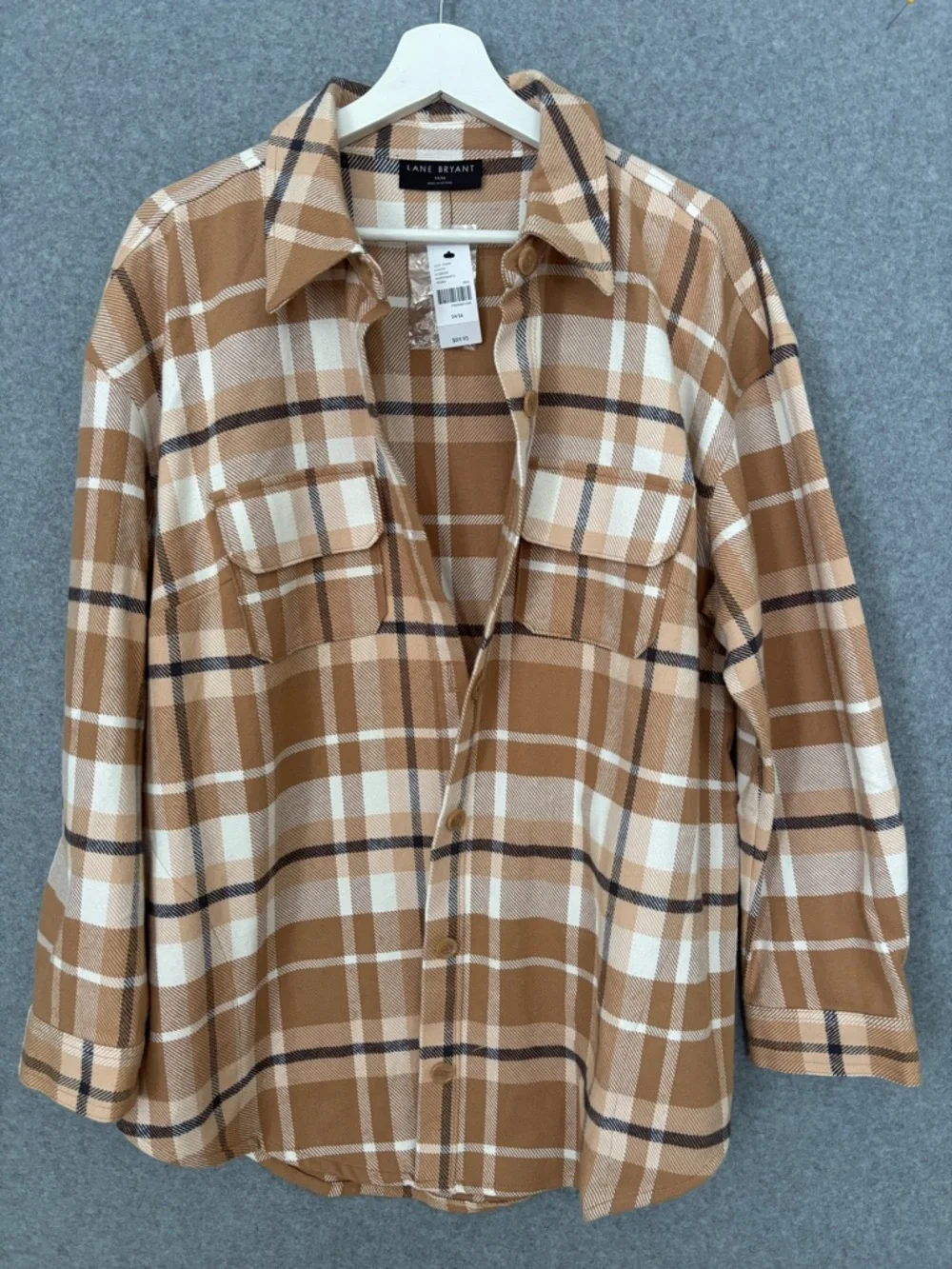 Lane Bryant NWT Plaid Button-Up Shacket 14/16 Camel/Black/White Flannel - Picture 2 of 8